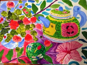 Chinese Teapot With Red Geraniums Digby Smyth Painting Ryazanoff Gallery