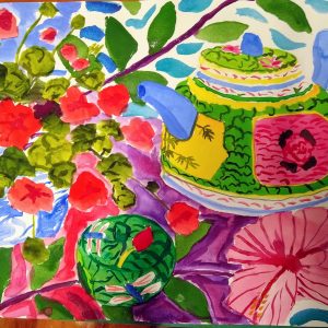 Chinese Teapot With Red Geraniums Digby Smyth Painting Ryazanoff Gallery