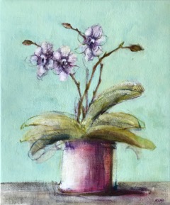 Orchids with a blue background Michael Kemp Artist at Ryazanoff Gallery